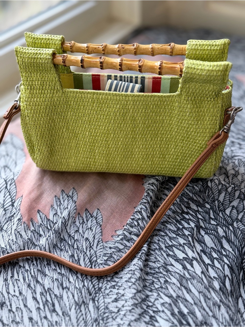 Fossil Lime Green Woven Bamboo Handle Crossbody Bag